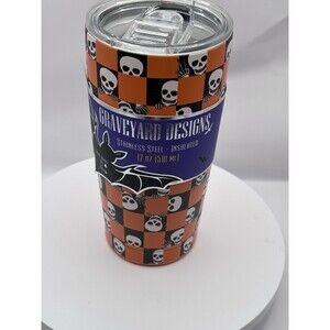 Graveyard Desig Stainlees Steel Halloween SKULLS Tumbler Orange/Black 17oz